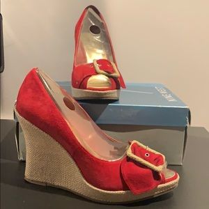 Red suede wedges
